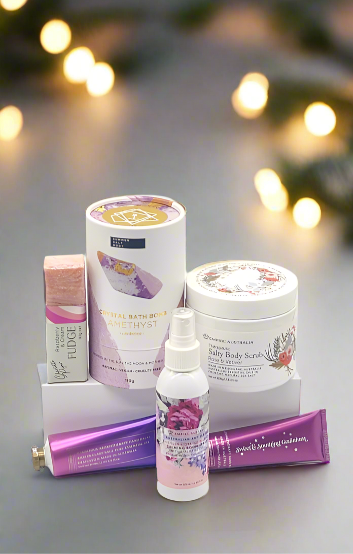Collection of skincare products with a fudge on a festive background